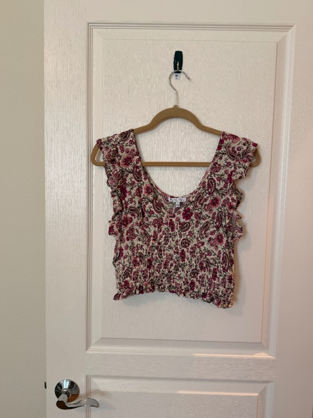 Boho Floral Paisley Crop Top M Patrons of Peace Smocked Ruffle Sleeve Cottage